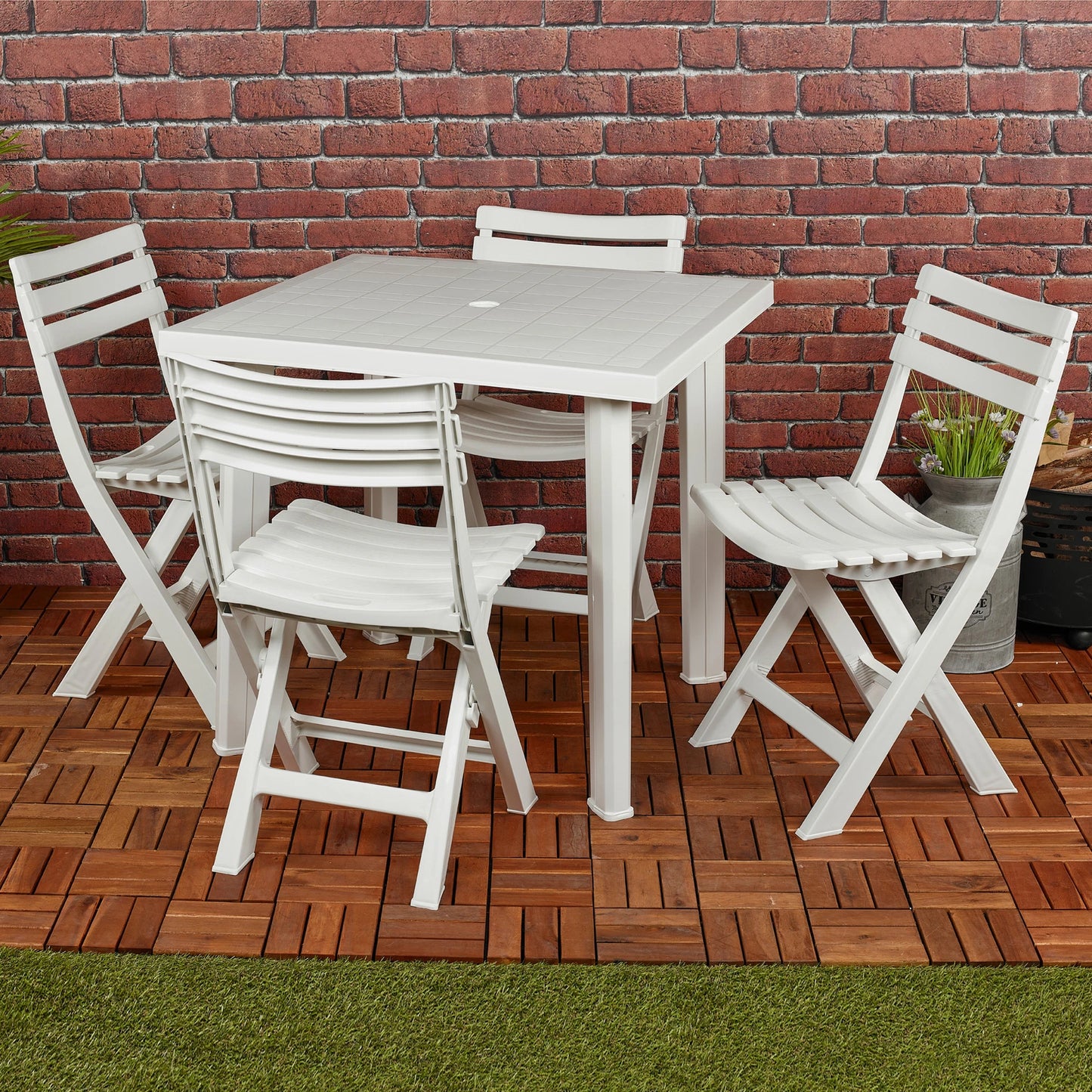 5PCs White Plastic Garden Dining Table with Chairs Set Patio Deck Outdoor Furniture