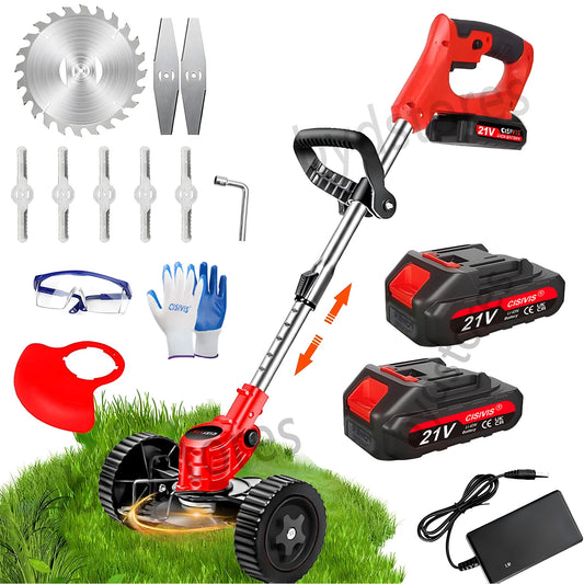 21V Cordless Electric Strimmer Grass Trimmer Weeder Garden Edger 2 Battery Wheel