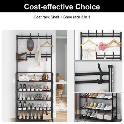 8 Hooks Coat and Hat Stand Metal + Plastic Shoe Rack Bedroom Shelf Hanger
