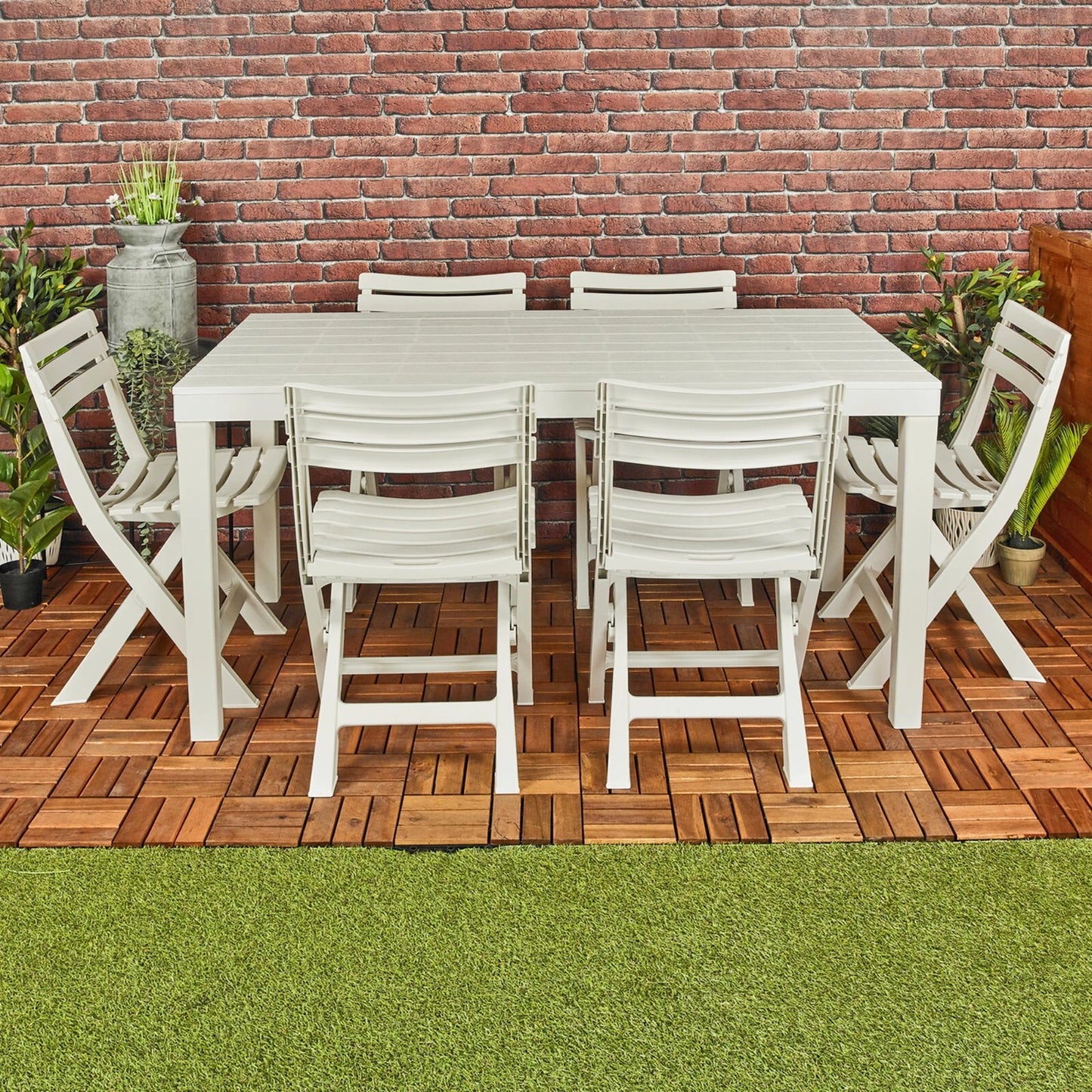 White Garden Plastic Patio Dining Large Table & Folding Chairs Outdoor Furniture