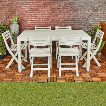 White Garden Plastic Patio Dining Large Table & Folding Chairs Outdoor Furniture