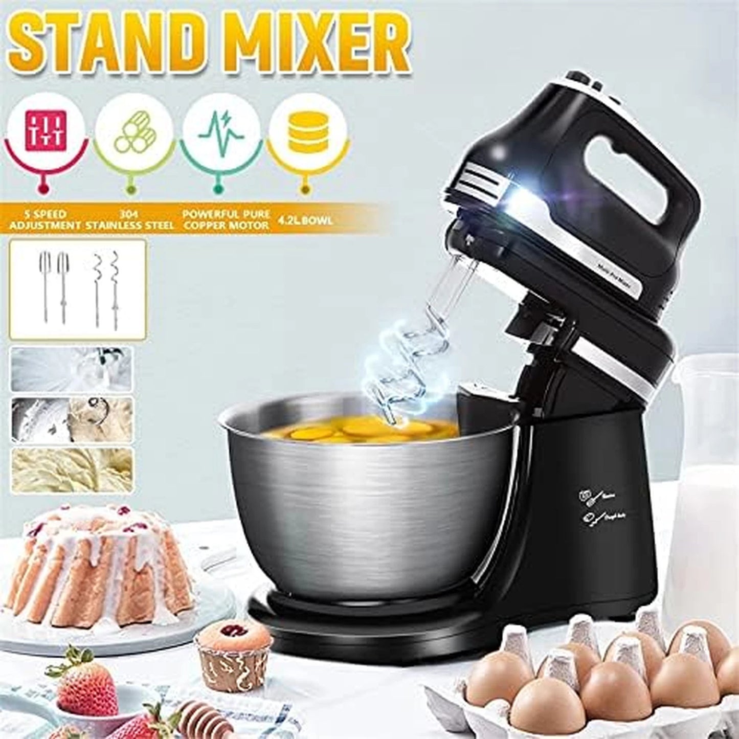 Stand Mixer for Baking Food with Dough Hooks 4.2l Cheap Whisk Attachment Beaters