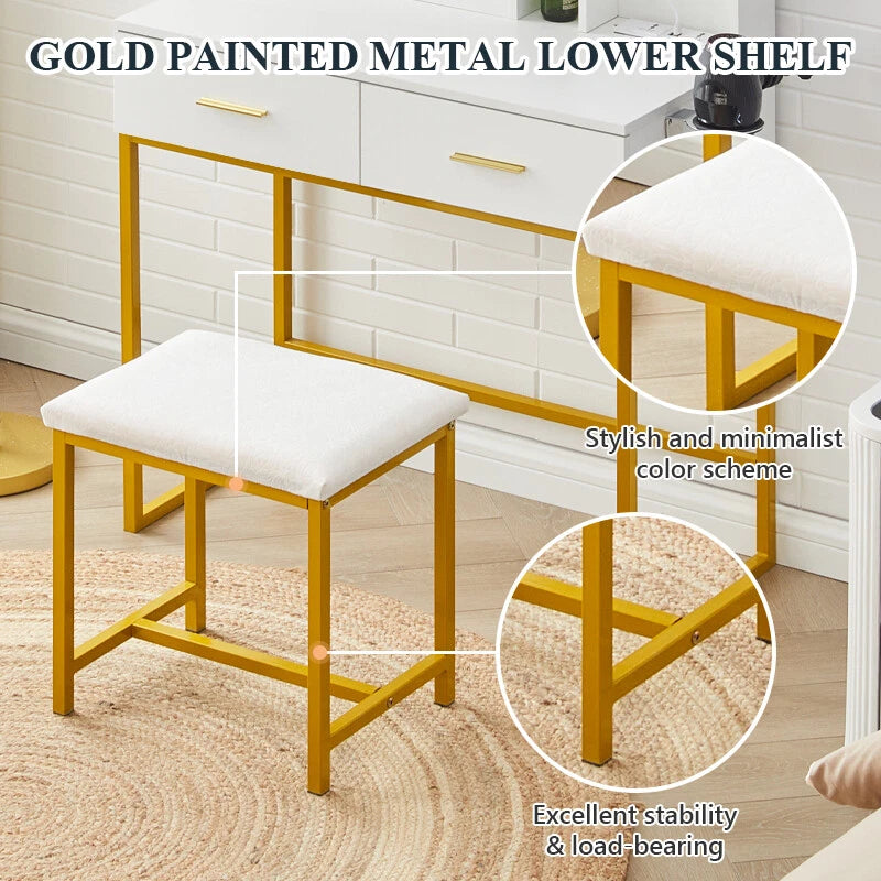 Dressing Table Round Mirror LED Lights Stool Vanity Table Makeup Desk Gold Leg