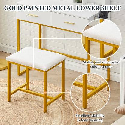 Dressing Table Round Mirror LED Lights Stool Vanity Table Makeup Desk Gold Leg