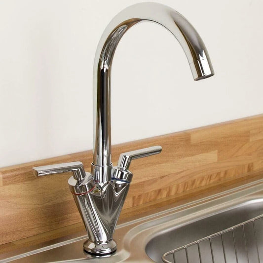 Modern Kitchen Mixer Tap Dual Lever Swivel Spout Mono Chrome Sink Taps Faucet