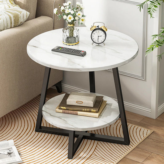 Round 2 Tier Coffee Table Side Table White Marble Effect End Table Living Room