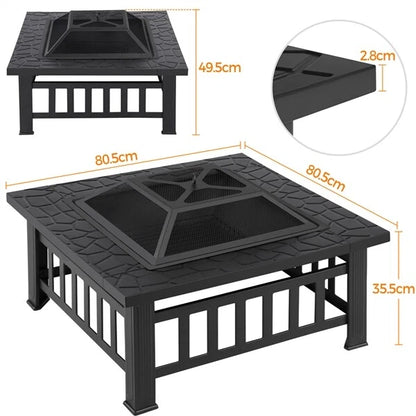 Large Fire Pit BBQ Outdoor Iron Grill Square Garden Table Patio Log Burner Stove