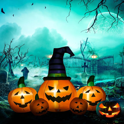 6ft Inflatable Halloween Large Pumpkin in Hat w/ Four Small Pumpkin LED
