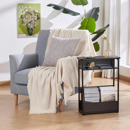 Vintage Narrow Side Table with Storage Shelf, 3 Tier Slim End Table Modern Sofa