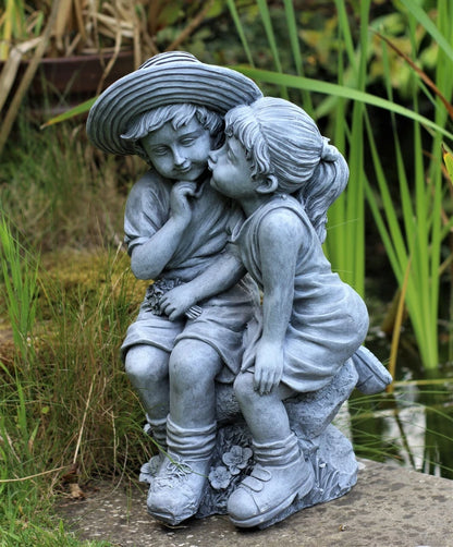 Garden Ornaments Boy & Girl Loving Kissing Cherub Statue Grey