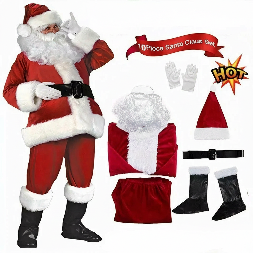 DELUXE SANTA SUIT COSTUME PLUSH FATHER CHRISTMAS XMAS FANCY DRESS MENS S-5XL