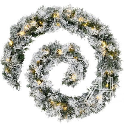 9Ft Christmas LED Pre Lit Garland Snow Flocked Artificial Wreath Xmas Decora