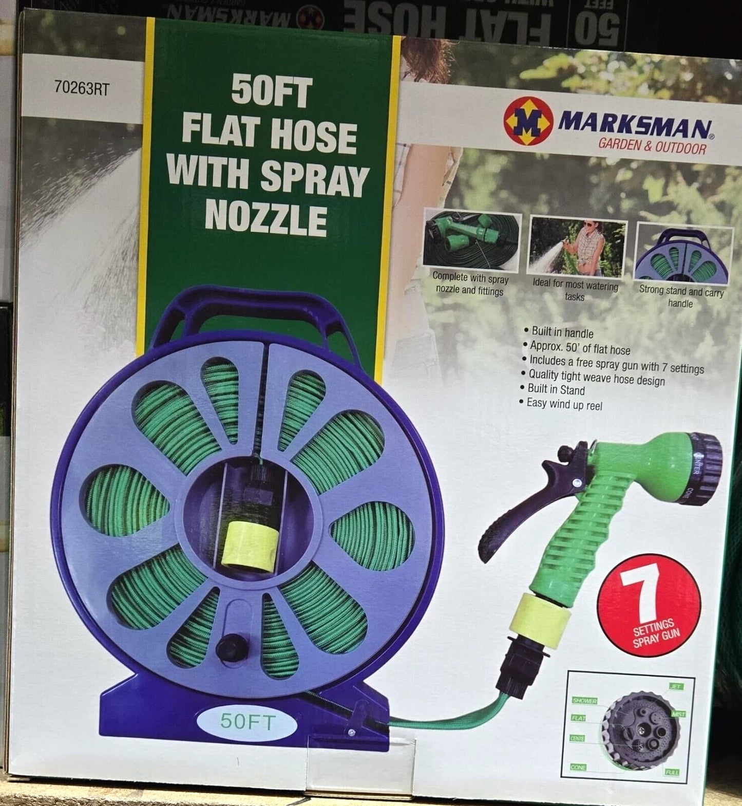 50 Feet/15 Meter Flat Hose Pipe Reel With Water Nozzle Gun Spray Garden Watering