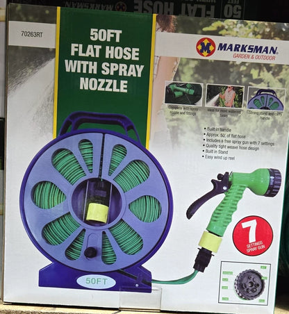 50 Feet/15 Meter Flat Hose Pipe Reel With Water Nozzle Gun Spray Garden Watering