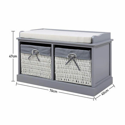Large Shoe Storage Bench with Seat Cushion And 2 Rattan Basket Organiser Hallway