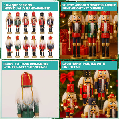 6 Pcs Nutcracker Soldiers Wooden Christmas Tree Decorations Xmas Hanging Decor