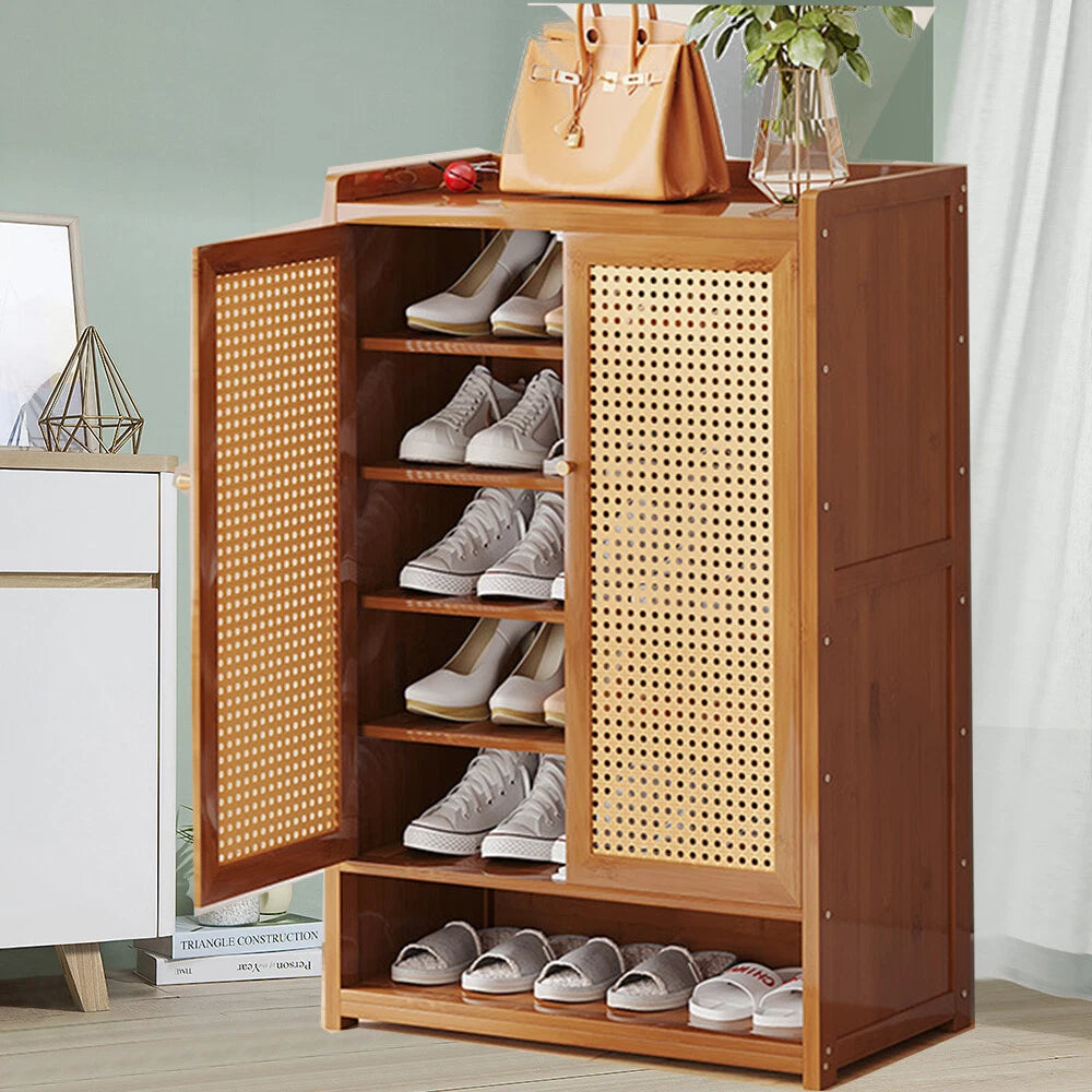 Shoe Cabinet Storage Cupboard Footwear Stand Rack Wooden Double Rattan Doors UK