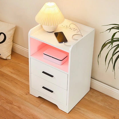 LED Light Bedside Table Nightstand High Gloss 2 Drawers USB Port Power Plug