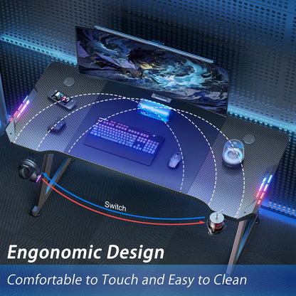 Gaming Desk LED RGB Computer Table Workstation w/ Cup Holder & Headphone Hook