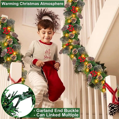 9ft Christmas Garland Snow Flocked With Lights Pinecones Berries Wreath Bushy