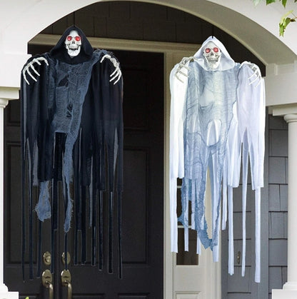 2x Hanging Grim Reaper Halloween Props – LED Eyes, Motion Activated