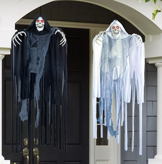 2x Hanging Grim Reaper Halloween Props – LED Eyes, Motion Activated