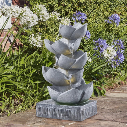 Water Feature Lotus Cascading Fountain With Solar LED Light Outdoor Garden Decor