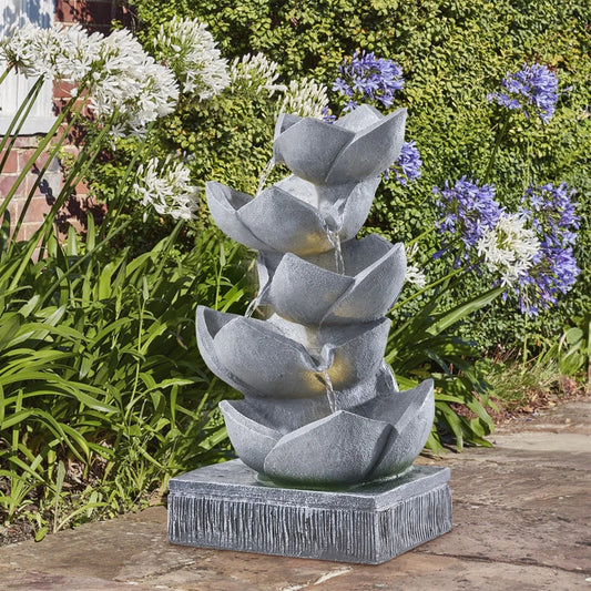 Water Feature Lotus Cascading Fountain With Solar LED Light Outdoor Garden Decor
