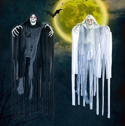 2x Hanging Grim Reaper Halloween Props – LED Eyes, Motion Activated