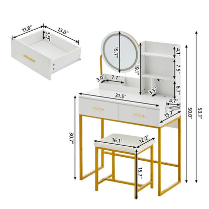 Dressing Table Round Mirror LED Lights Stool Vanity Table Makeup Desk Gold Leg