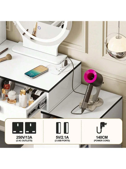 Dressing Table With Mirror Stool, Vanity Table Set With 3 Color Detachable LED