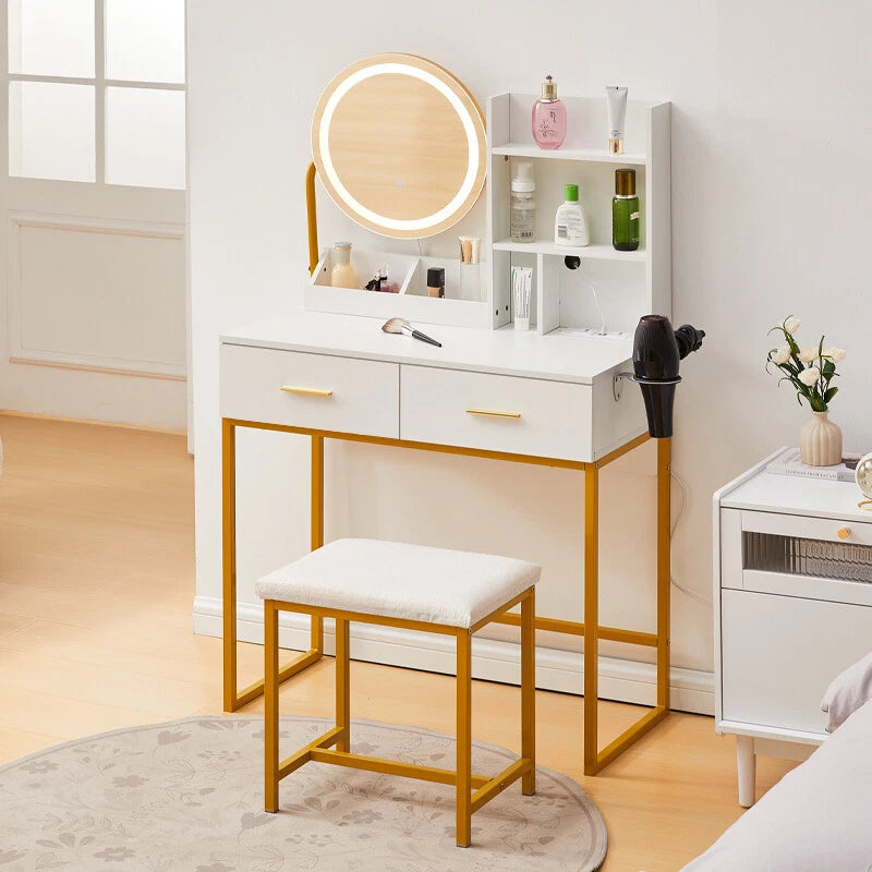 Dressing Table Round Mirror LED Lights Stool Vanity Table Makeup Desk Gold Leg