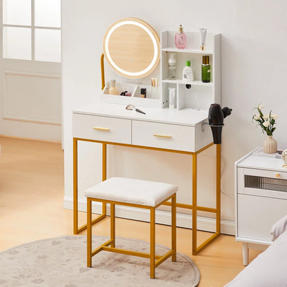 Dressing Table Round Mirror LED Lights Stool Vanity Table Makeup Desk Gold Leg