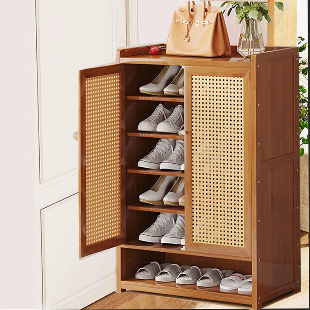 Shoe Cabinet Storage Cupboard Footwear Stand Rack Wooden Double Rattan Doors UK