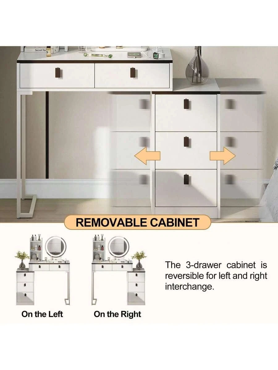Dressing Table With Mirror Stool, Vanity Table Set With 3 Color Detachable LED