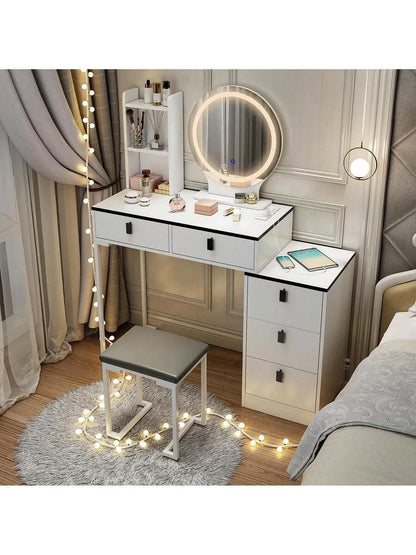 Dressing Table With Mirror Stool, Vanity Table Set With 3 Color Detachable LED