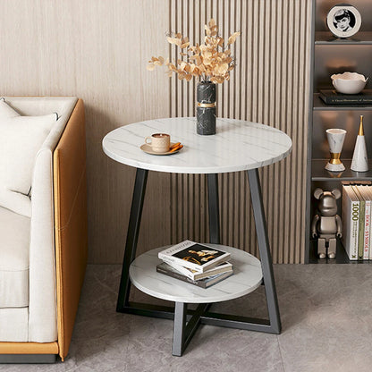Round 2 Tier Coffee Table Side Table White Marble Effect End Table Living Room