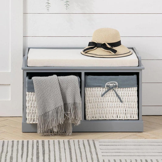 Large Shoe Storage Bench with Seat Cushion And 2 Rattan Basket Organiser Hallway