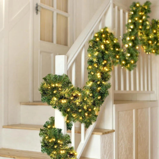 16FT Christmas Garland with LED Lights Pre Lit Stairs Home Fireplace Bushy Pine