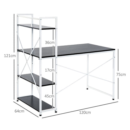 Computer Desk Laptop Table w/4-tier Bookshelf Metal Frame Black, White