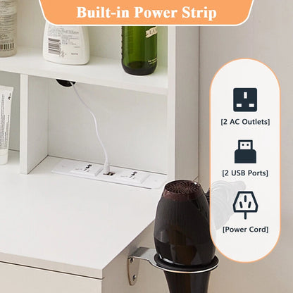 Dressing Table Round Mirror LED Lights Stool Vanity Table Makeup Desk Gold Leg