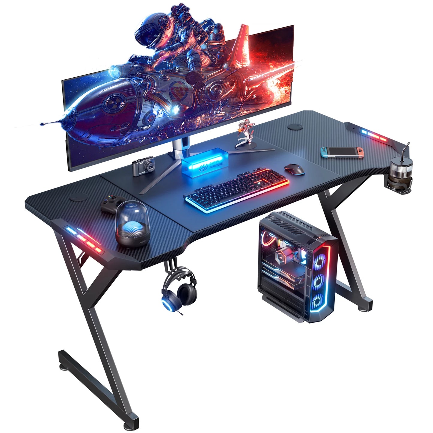 Gaming Desk LED RGB Computer Table Workstation w/ Cup Holder & Headphone Hook