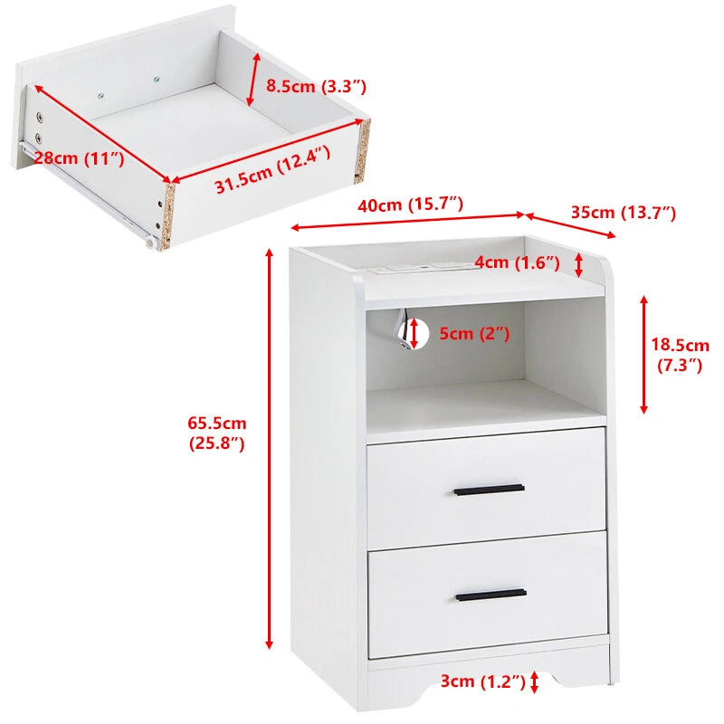 LED Light Bedside Table Nightstand High Gloss 2 Drawers USB Port Power Plug