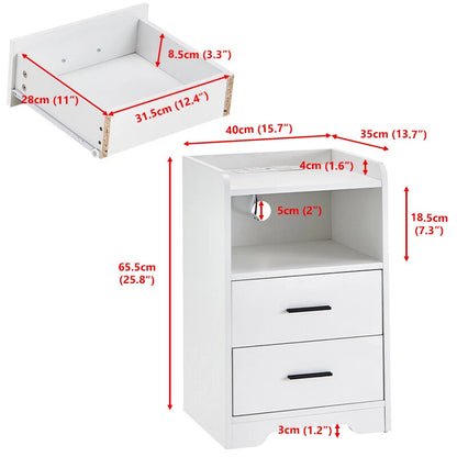 LED Light Bedside Table Nightstand High Gloss 2 Drawers USB Port Power Plug