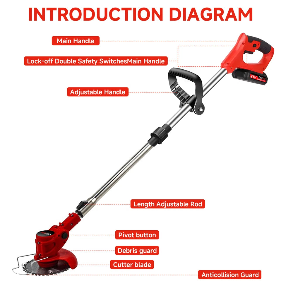 21V Cordless Electric Strimmer Grass Trimmer Weeder Garden Edger 2 Battery Wheel