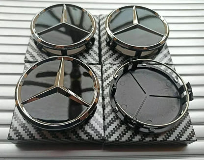 4 x Black Mercedes Benz 75mm Alloy Wheel Centre Caps AMG A B C E S M Class Hub.