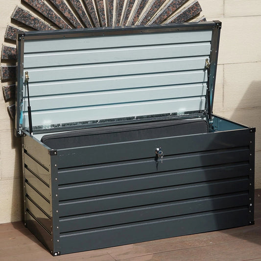 Dark Grey 420L Metal Storage Box Garden Outdoor Shed Utility Cushion Chest Truck