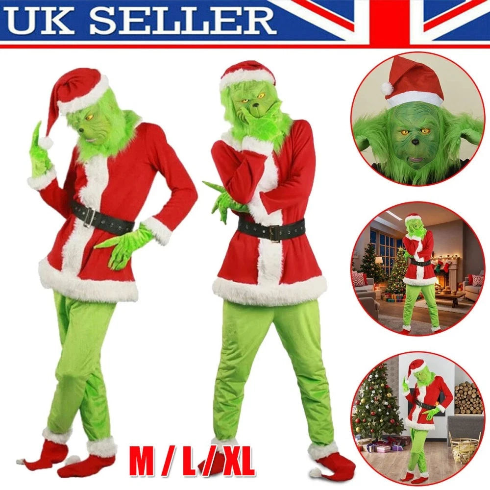 Adult Santa Grinch Costume Xmas Cosplay Men Christmas Santa Fancy Dress Full Set