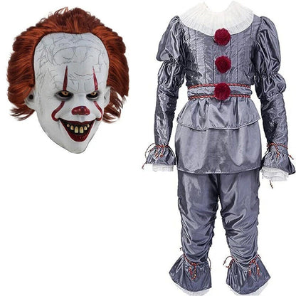 Adult Pennywise Clown Costume Halloween Cosplay Suit Outfit Fancy Dress Mask Men