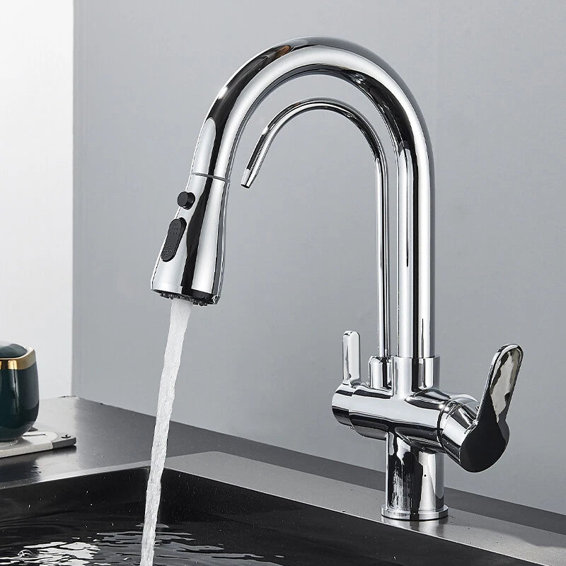 Modern Mono Kitchen Sink Mixer Taps 360° Pull Out Spray Spout Twin Lever 3 Way
